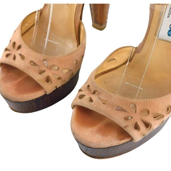 Jimmy Choo Laser Cut Blush Pink Suede Peeptoe Lucite & Wood Platform Heels Sz 7 - Picture 8 of 10